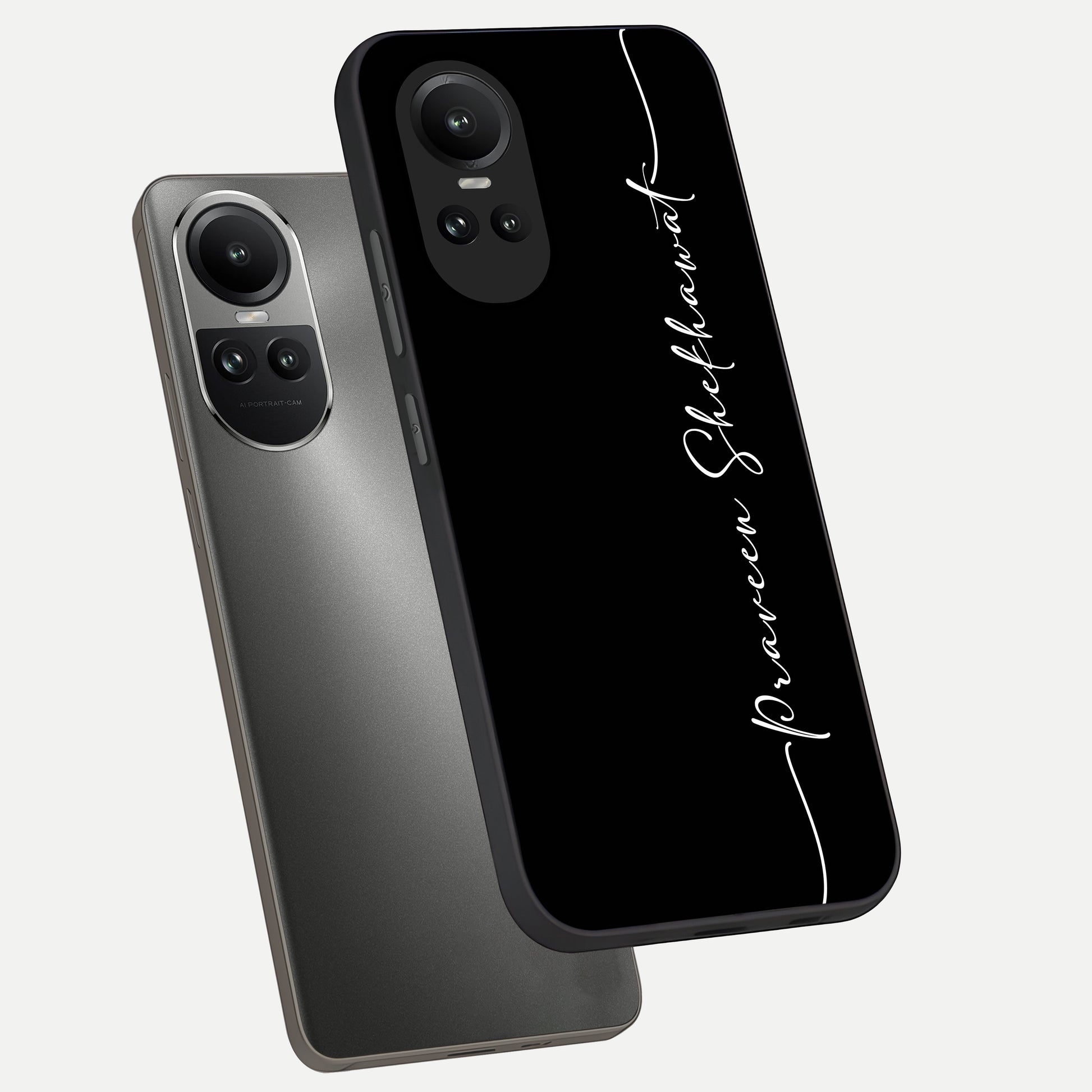  Black Tune Custom Name phone case For Oppo Reno 10 showing premium glass back cover with detailed artwork
