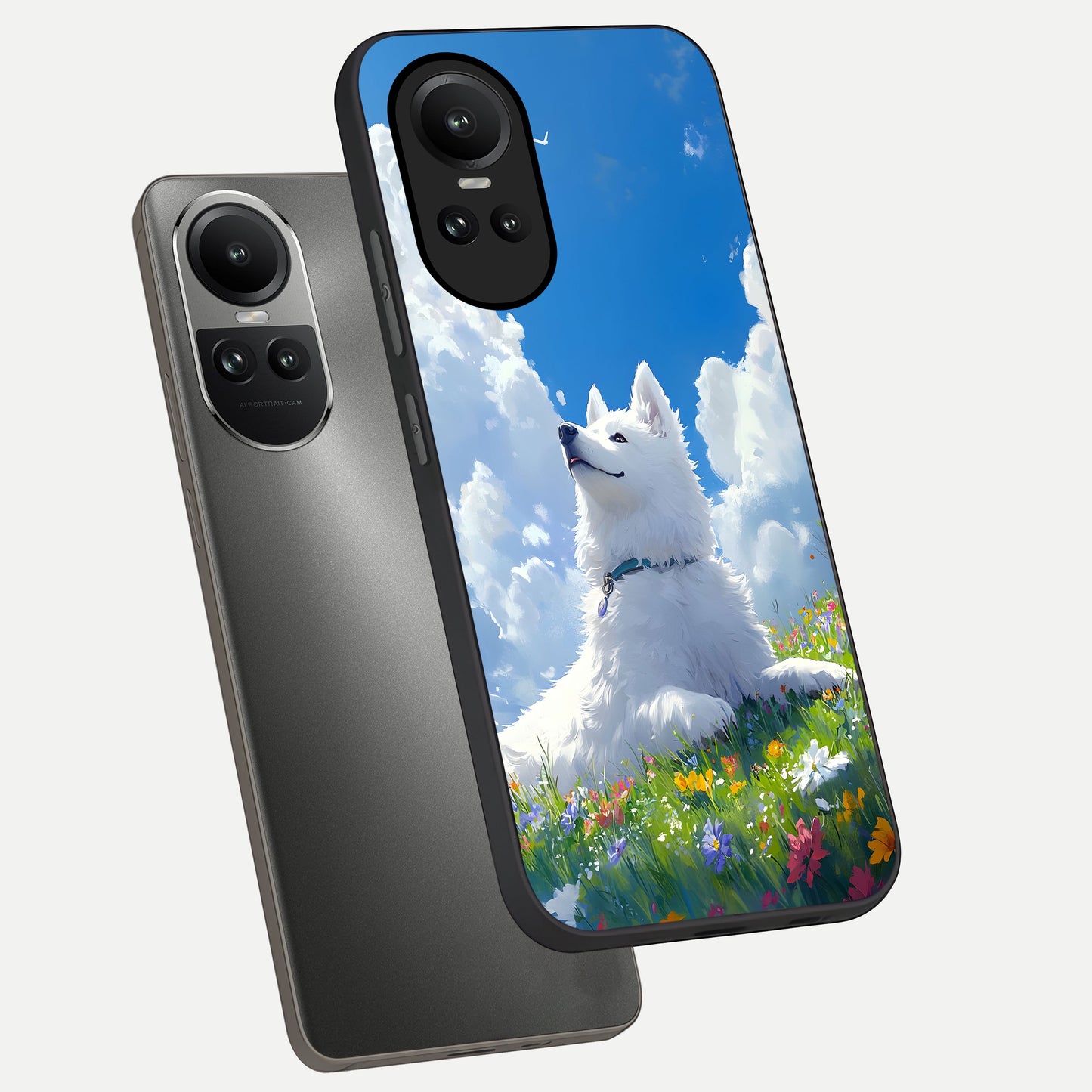  Blissful Cloud Pup phone case For Oppo Reno 10 showing premium glass back cover with detailed artwork