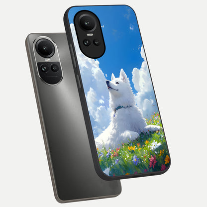  Blissful Cloud Pup phone case For Oppo Reno 10 showing premium glass back cover with detailed artwork