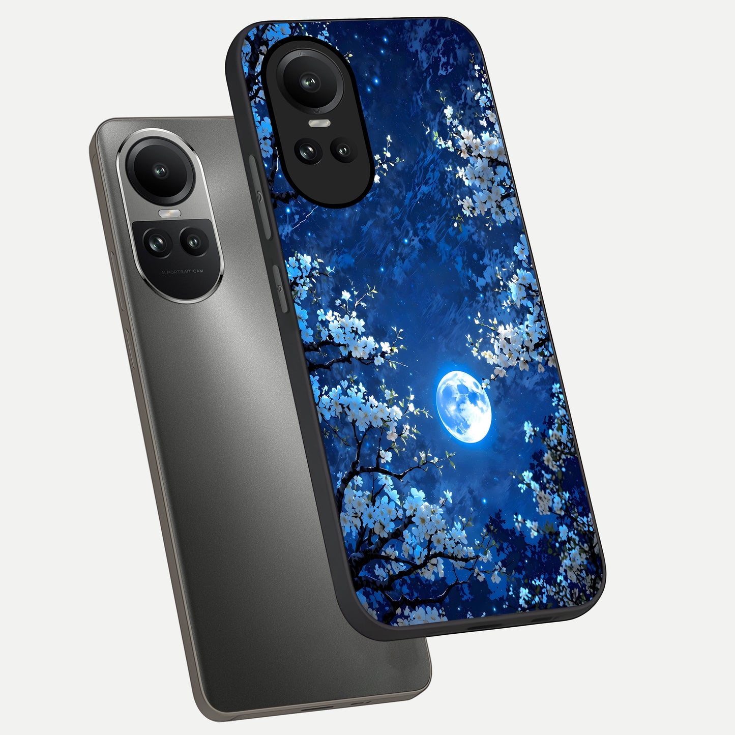  Blossom Moonlight Sky phone case For Oppo Reno 10 showing premium glass back cover with detailed artwork