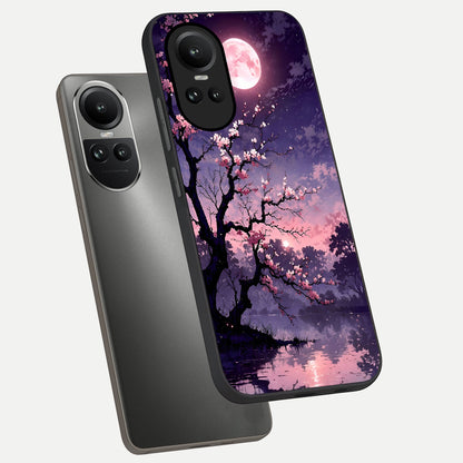  Blossom Pink Moon phone case For Oppo Reno 10 showing premium glass back cover with detailed artwork