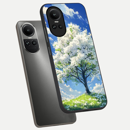  Blossom Sky Serenity phone case For Oppo Reno 10 showing premium glass back cover with detailed artwork