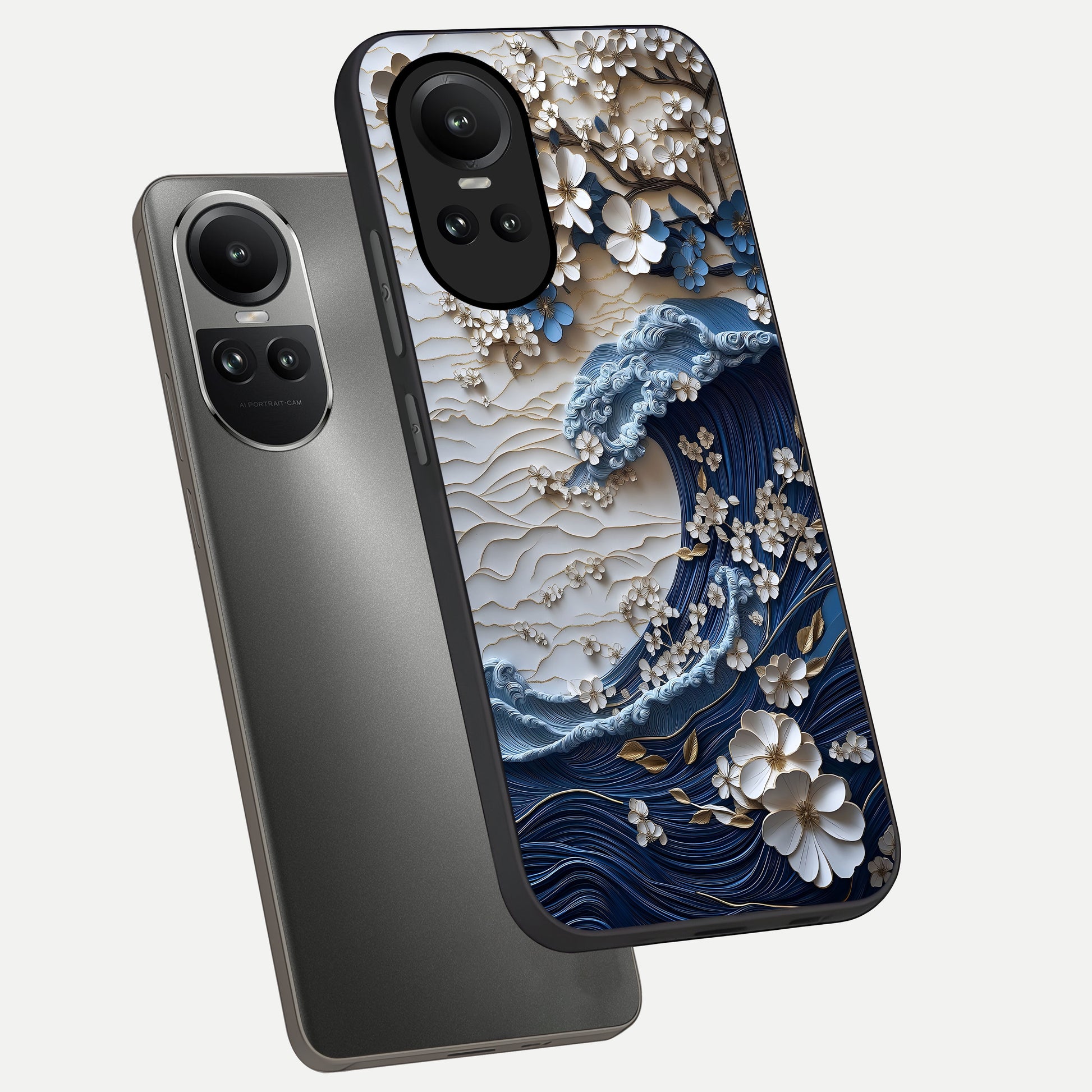  Blossom Wave Art phone case For Oppo Reno 10 showing premium glass back cover with detailed artwork