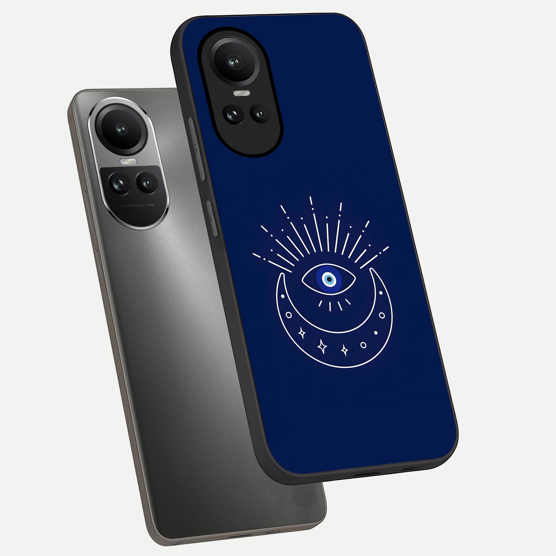  Blue Evil Eye phone case For Oppo Reno 10 showing premium glass back cover with detailed artwork