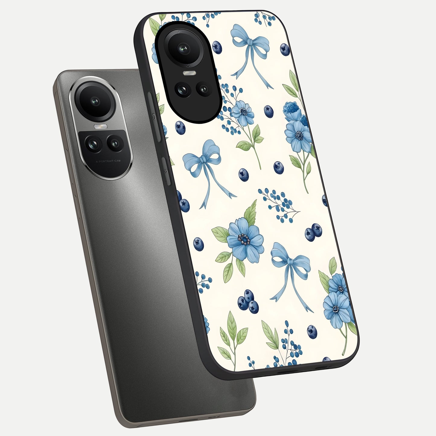  Blue Flower And Bow phone case For Oppo Reno 10 showing premium glass back cover with detailed artwork