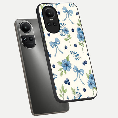  Blue Flower And Bow phone case For Oppo Reno 10 showing premium glass back cover with detailed artwork