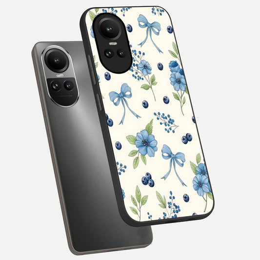  Blue Flower And Bow phone case For Oppo Reno 10 showing premium glass back cover with detailed artwork