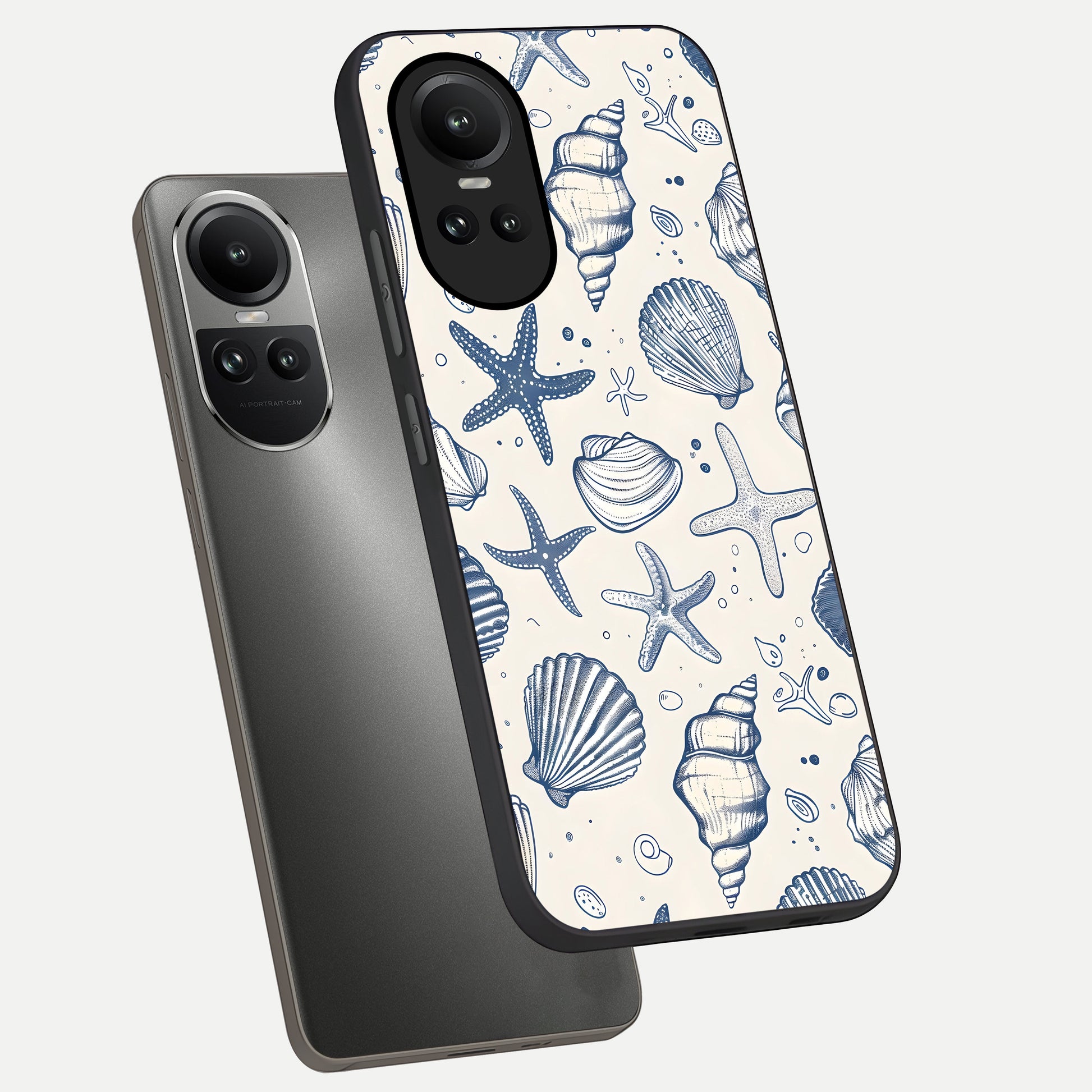  Blue Ocean Outline phone case For Oppo Reno 10 showing premium glass back cover with detailed artwork
