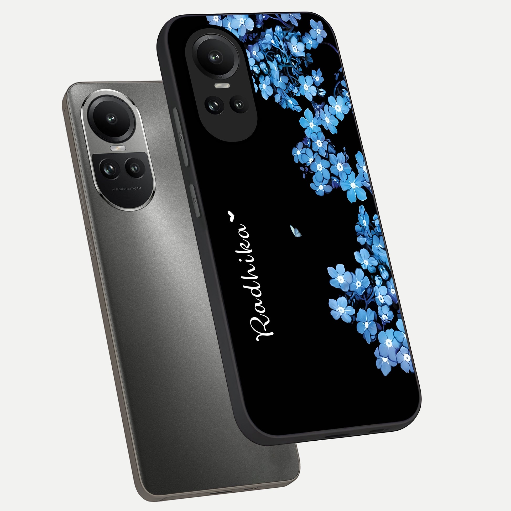  Blue Petal Dream Custom Name phone case For Oppo Reno 10 showing premium glass back cover with detailed artwork
