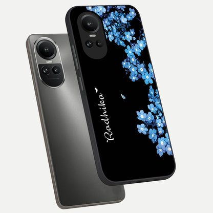  Blue Petal Dream Custom Name phone case For Oppo Reno 10 showing premium glass back cover with detailed artwork