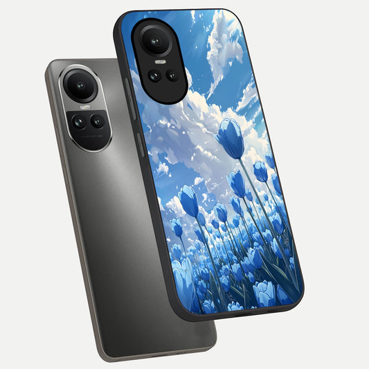  Blue Tulip Clouds phone case For Oppo Reno 10 showing premium glass back cover with detailed artwork