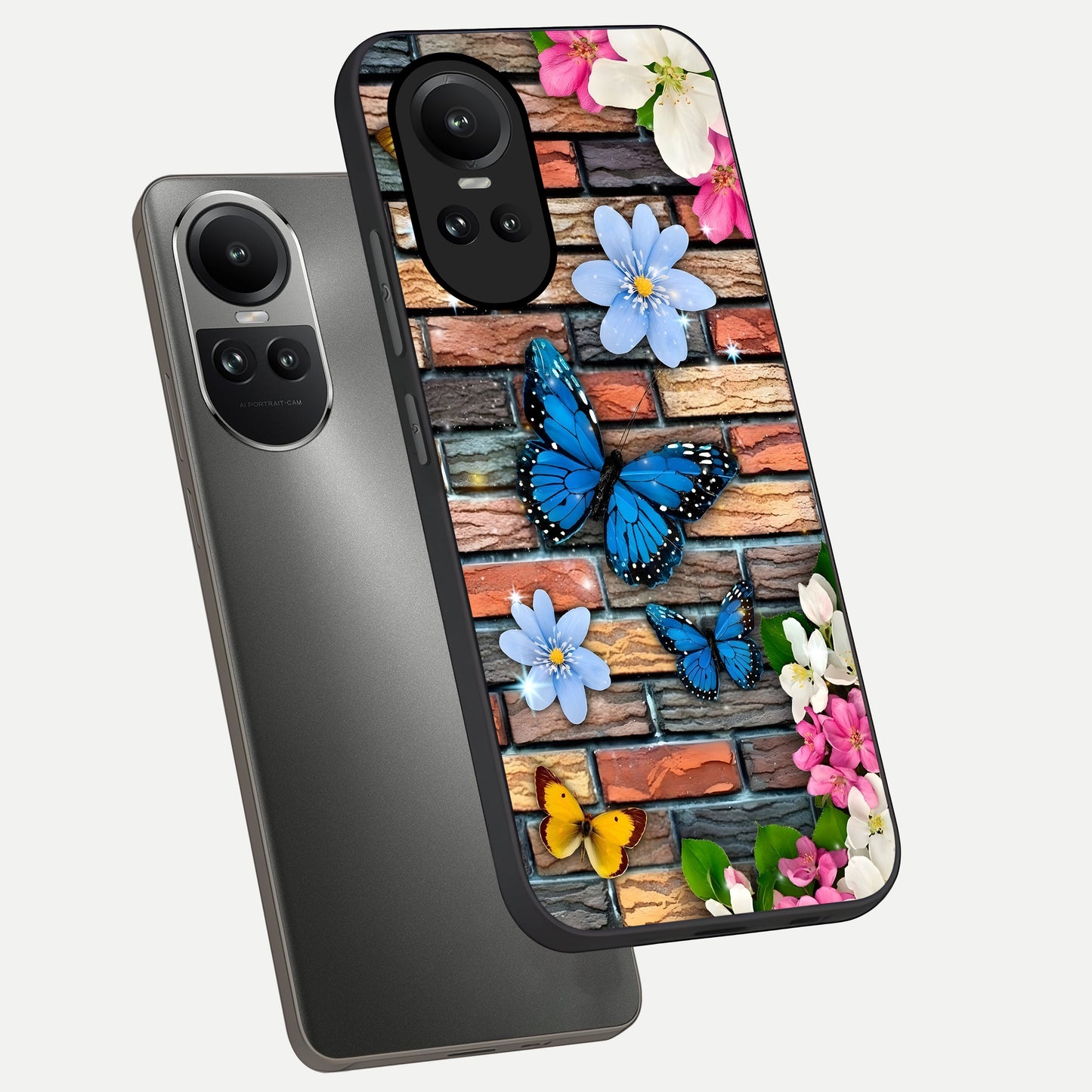 Brick Bloom Flight phone case For Oppo Reno 10 showing premium glass back cover with detailed artwork