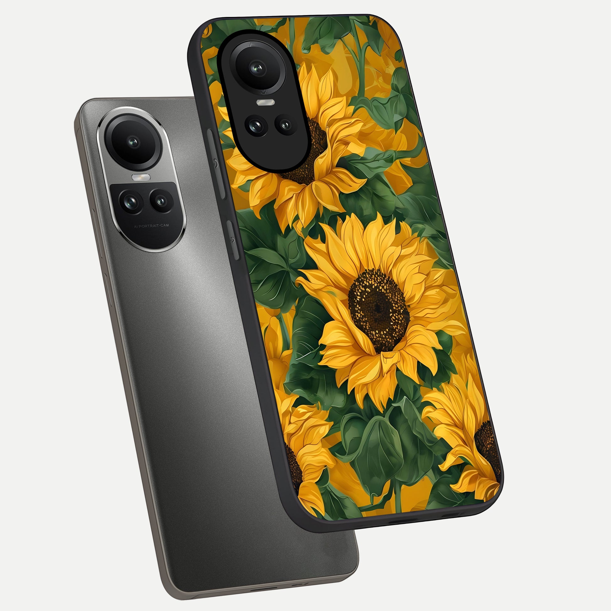  Bright Sunflower Bloom phone case For Oppo Reno 10 showing premium glass back cover with detailed artwork