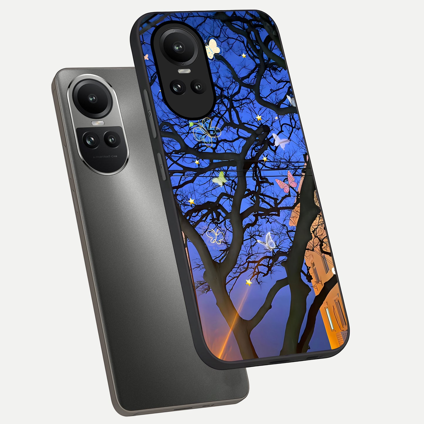  Butterfly Night Magic phone case For Oppo Reno 10 showing premium glass back cover with detailed artwork