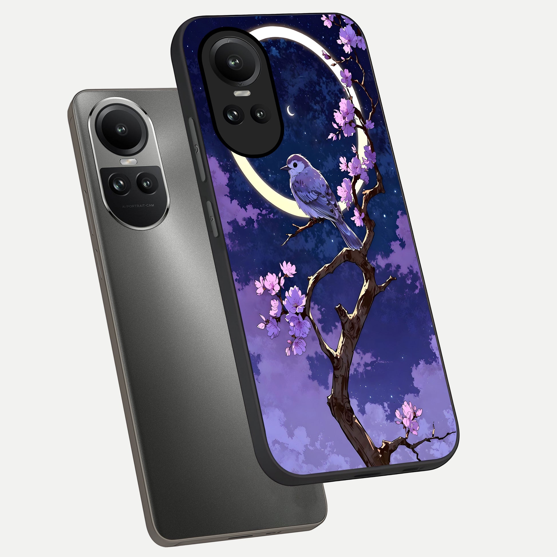  Celestial Bird Blossom phone case For Oppo Reno 10 showing premium glass back cover with detailed artwork