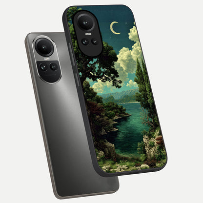  Celestial Lake Peace phone case For Oppo Reno 10 showing premium glass back cover with detailed artwork