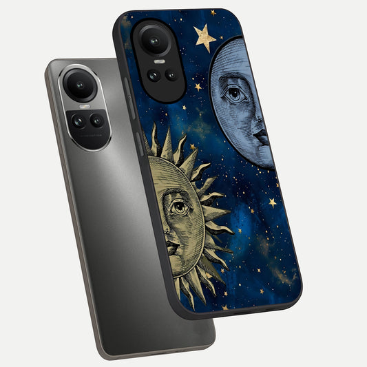  Celestial Moon With Sun phone case For Oppo Reno 10 showing premium glass back cover with detailed artwork