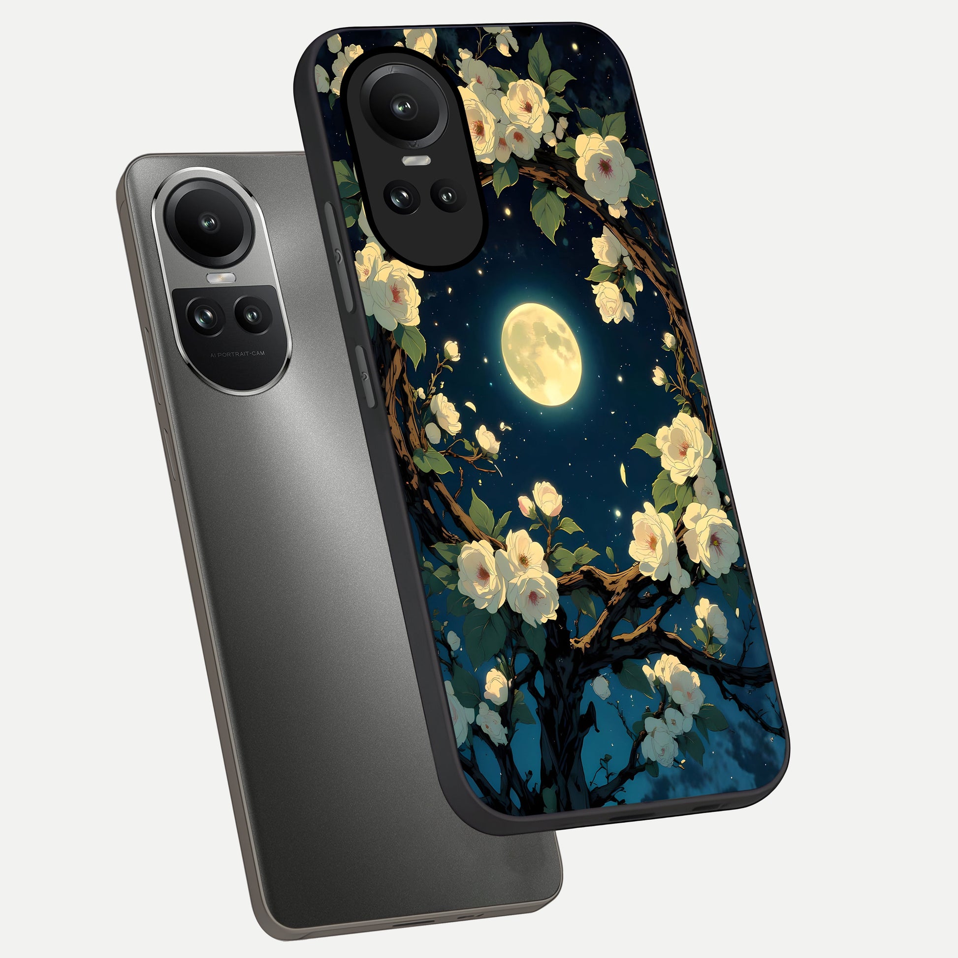  Celestial Moon And Flower phone case For Oppo Reno 10 showing premium glass back cover with detailed artwork