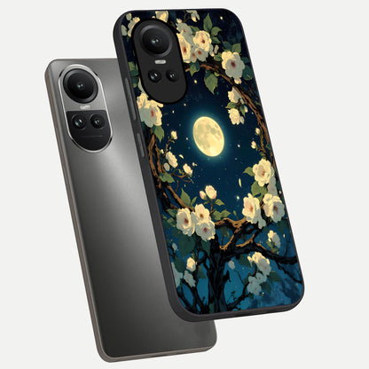  Celestial Moon And Flower phone case For Oppo Reno 10 showing premium glass back cover with detailed artwork