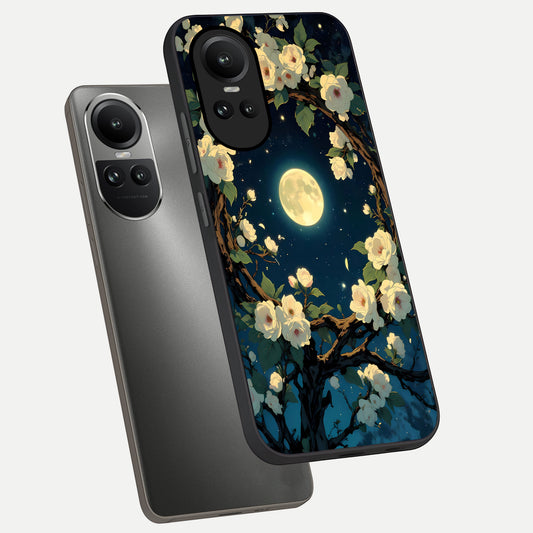  Celestial Moon And Flower phone case For Oppo Reno 10 showing premium glass back cover with detailed artwork