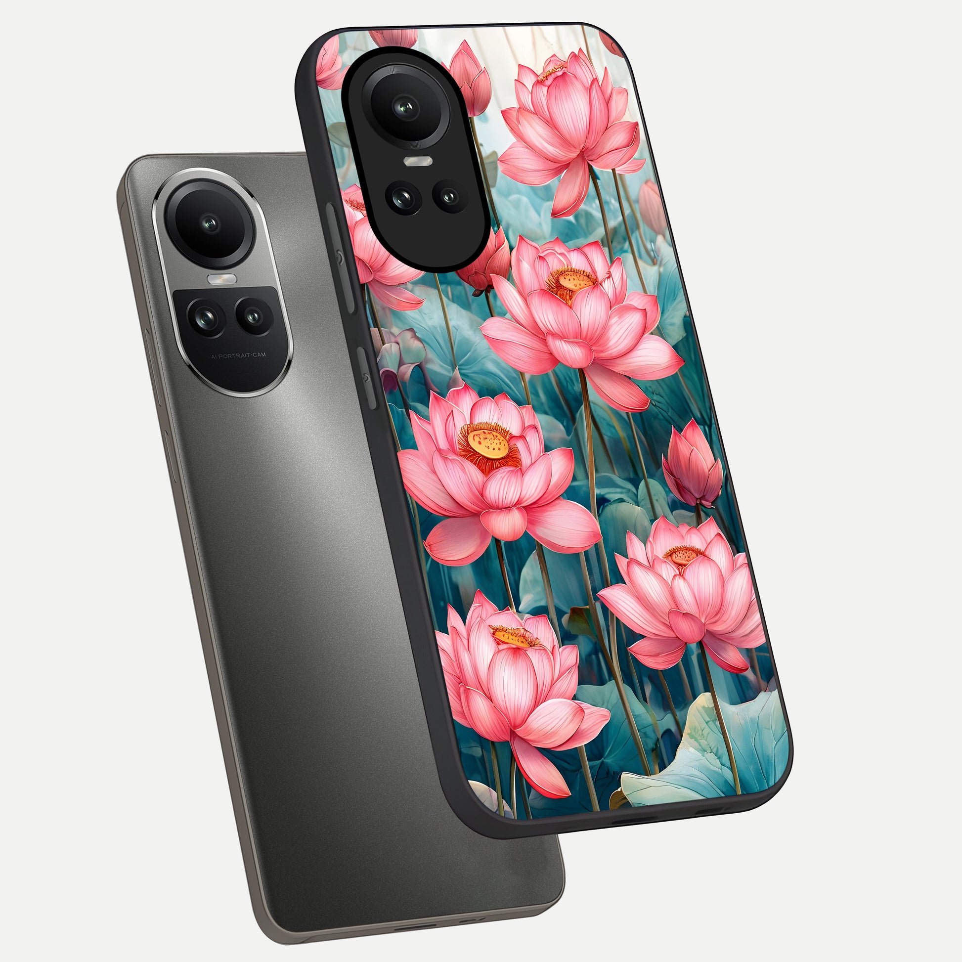  Celestial Pink Lotus phone case For Oppo Reno 10 showing premium glass back cover with detailed artwork