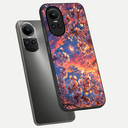 Celestial Sakura Sunset phone case For Oppo Reno 10 showing premium glass back cover with detailed artwork