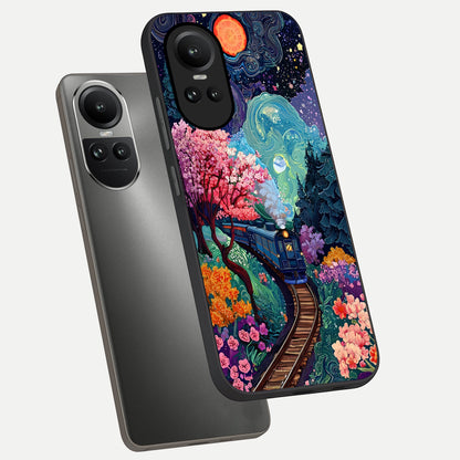  Celestial Train Journey phone case For Oppo Reno 10 showing premium glass back cover with detailed artwork