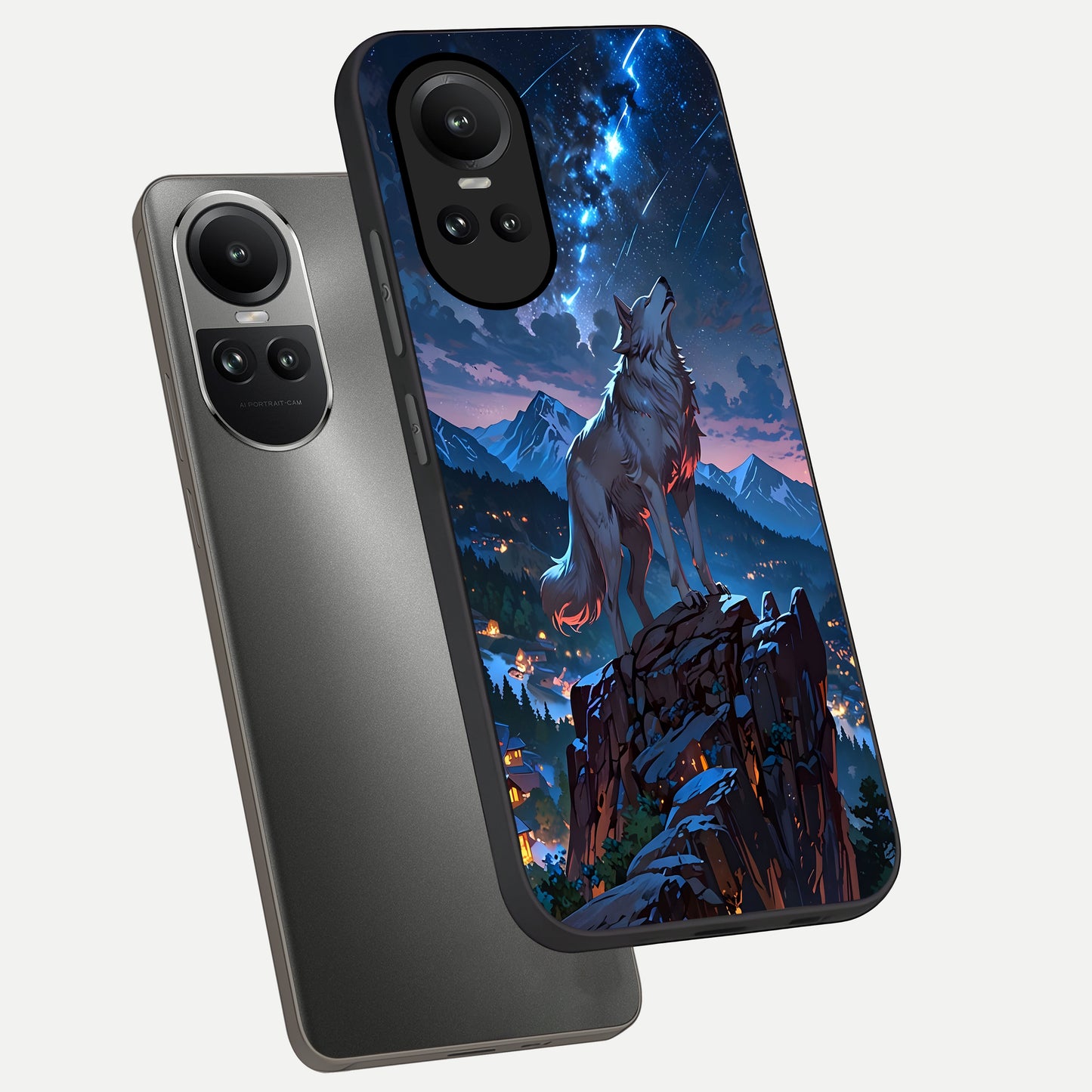  Celestial Wolf Howl phone case For Oppo Reno 10 showing premium glass back cover with detailed artwork