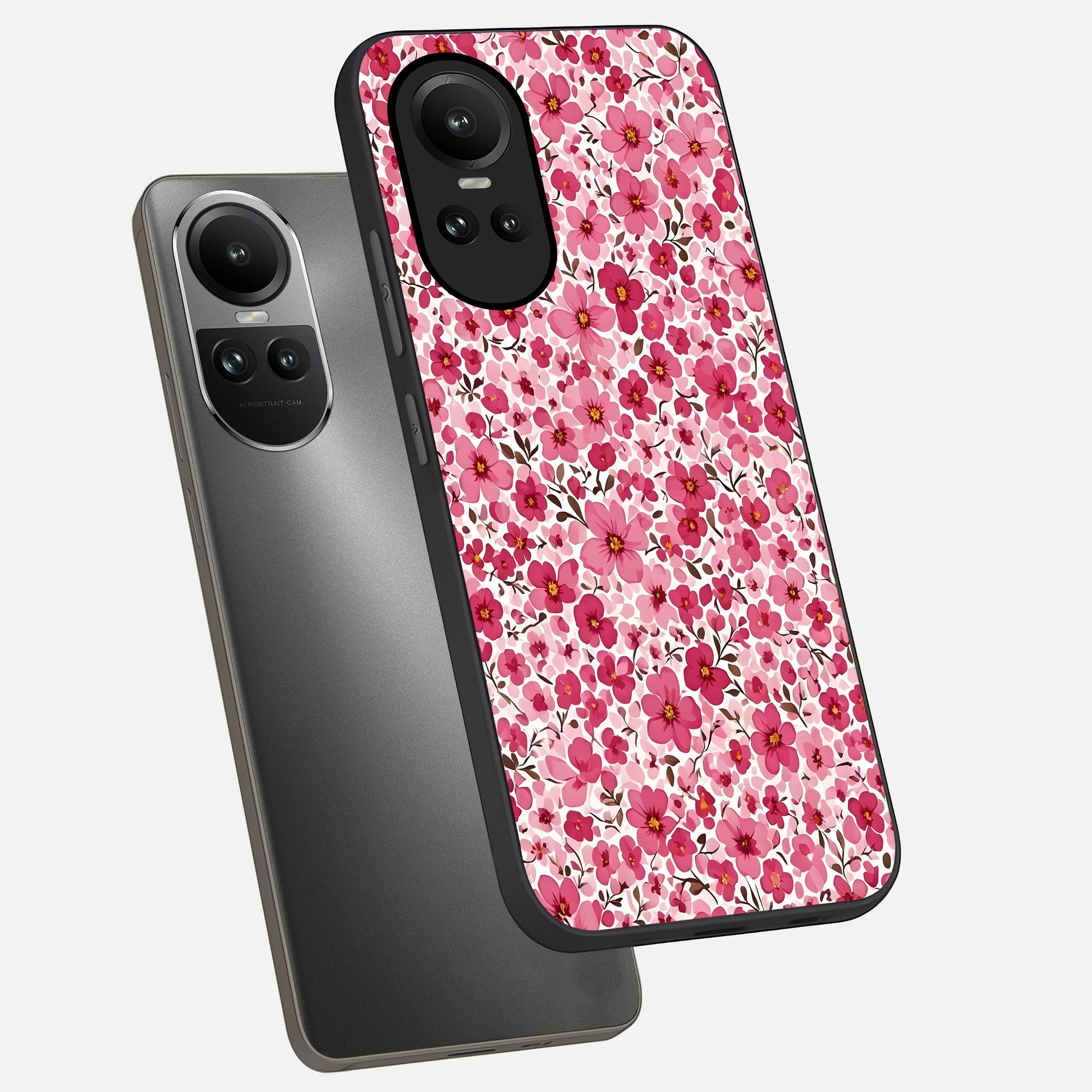  Cherry Blossom Charm phone case For Oppo Reno 10 showing premium glass back cover with detailed artwork