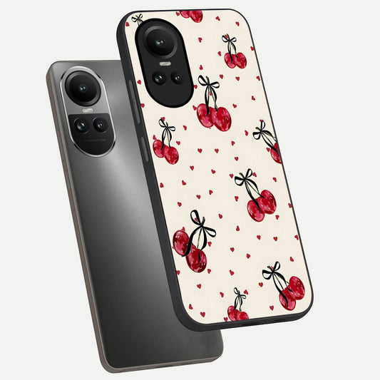  Cherry Heart Bow phone case For Oppo Reno 10 showing premium glass back cover with detailed artwork