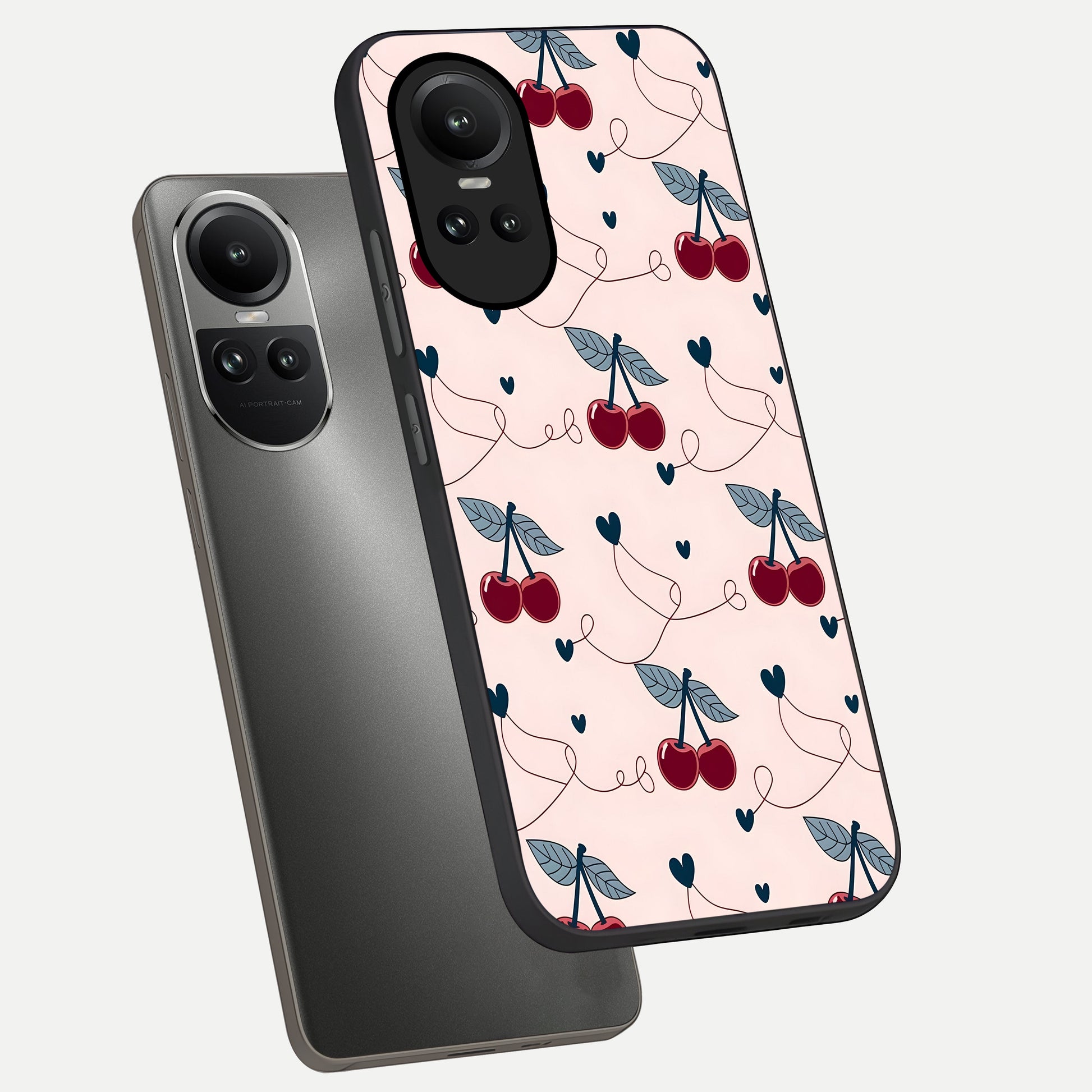  Cherry Heart Line phone case For Oppo Reno 10 showing premium glass back cover with detailed artwork
