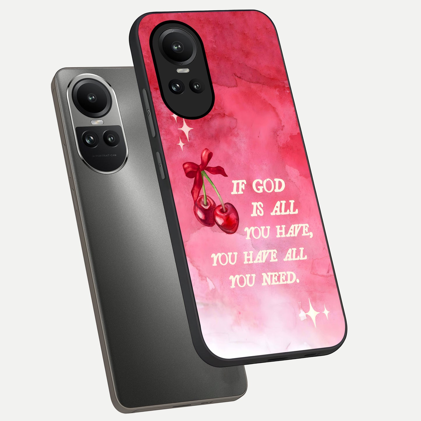  Cherry Quote phone case For Oppo Reno 10 showing premium glass back cover with detailed artwork