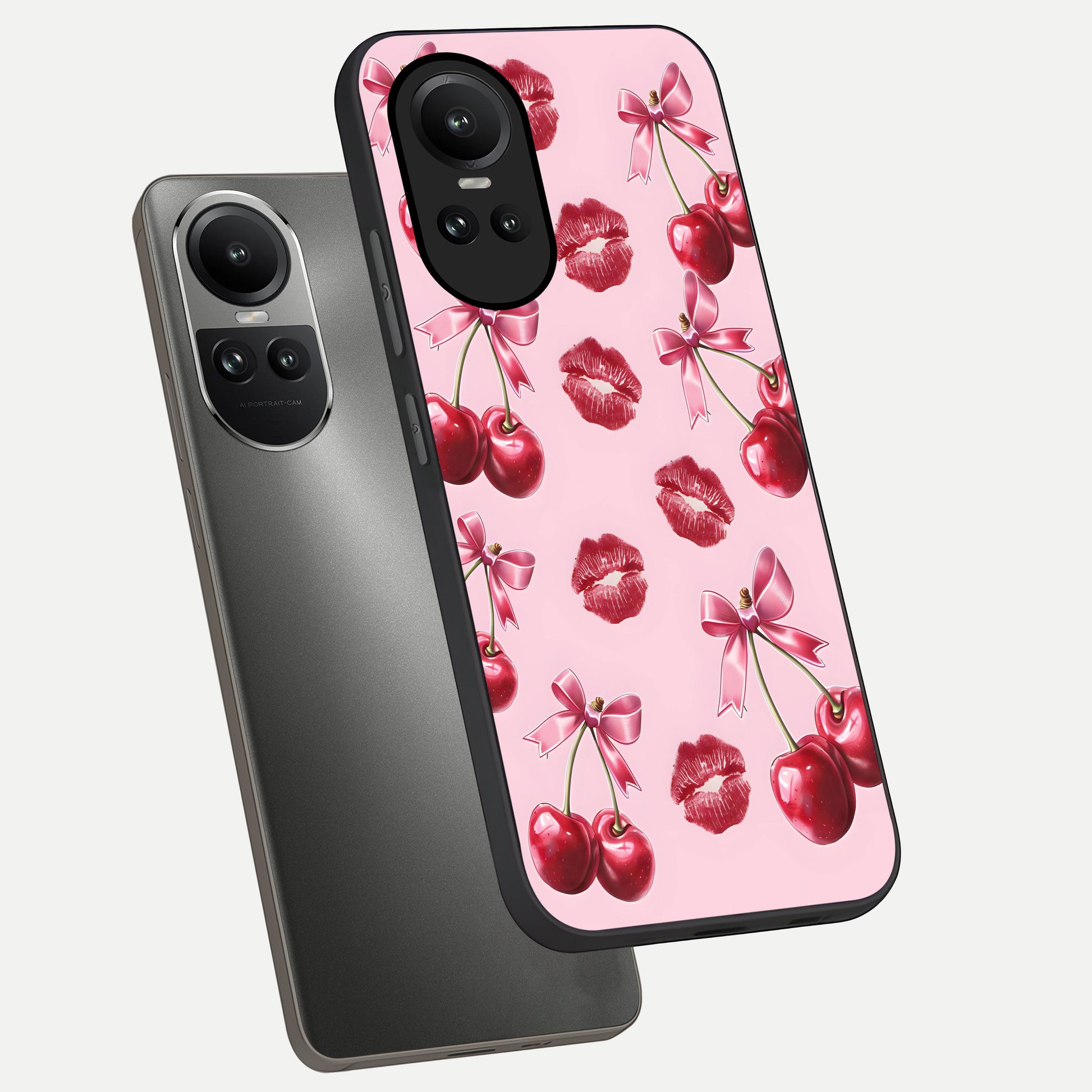  Cherry With Lips phone case For Oppo Reno 10 showing premium glass back cover with detailed artwork