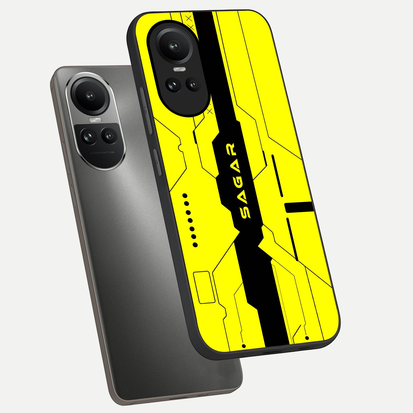  Circuit CYBERPUNK Custom Name phone case For Oppo Reno 10 showing premium glass back cover with detailed artwork
