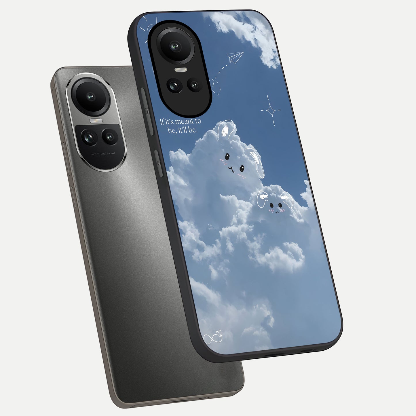  Cloud Bunny Dreams phone case For Oppo Reno 10 showing premium glass back cover with detailed artwork