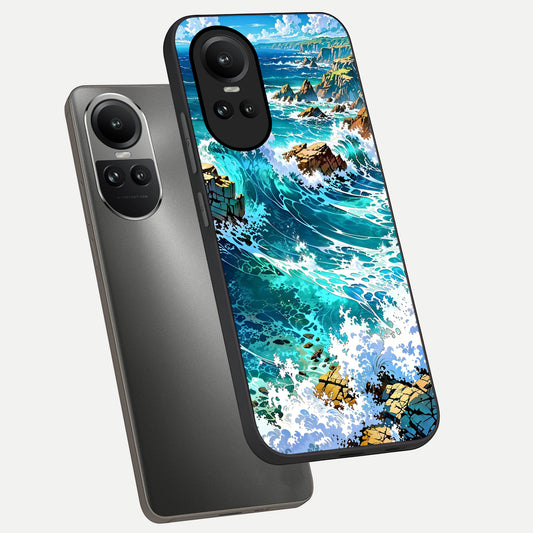  Coastal Blue Waves phone case For Oppo Reno 10 showing premium glass back cover with detailed artwork