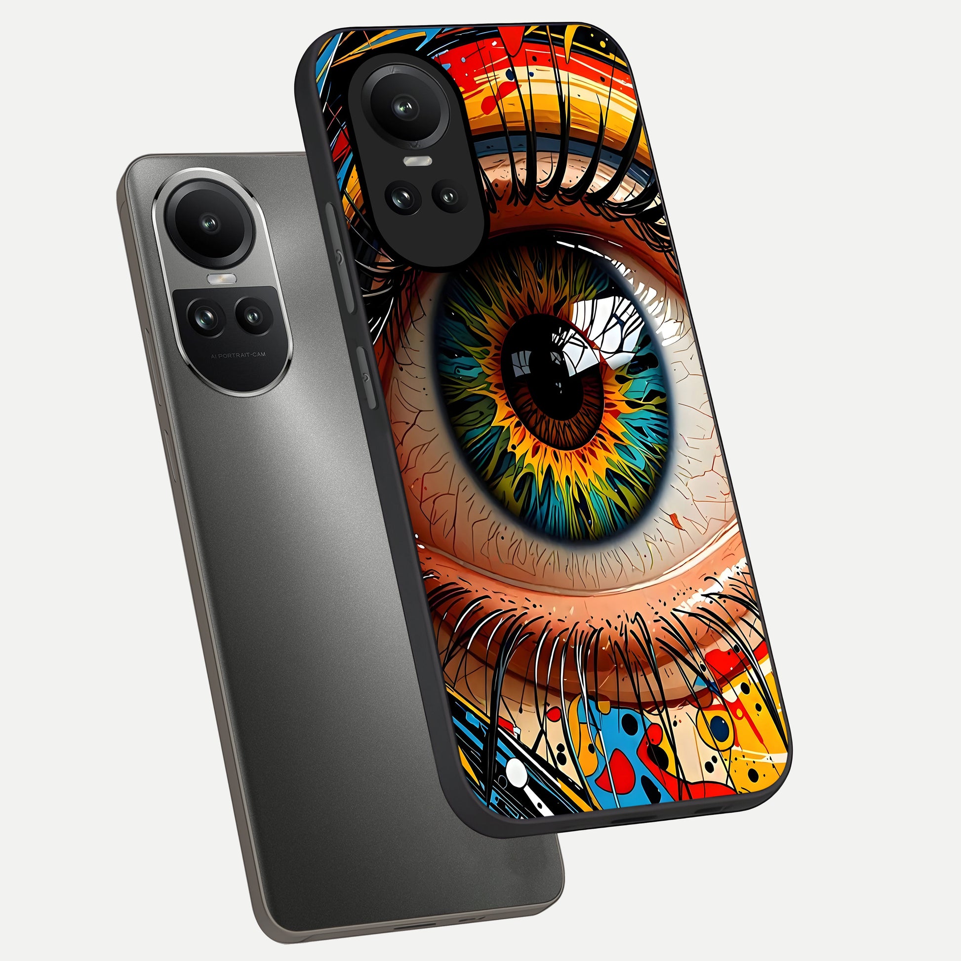  Colorful Eye phone case For Oppo Reno 10 showing premium glass back cover with detailed artwork