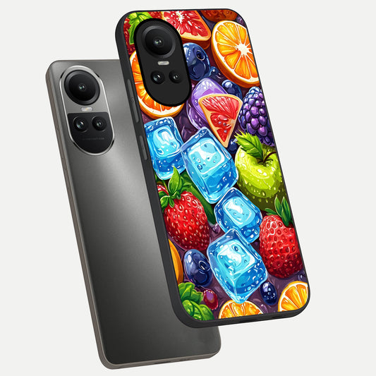  Colorful Fruits with Ice phone case For Oppo Reno 10 showing premium glass back cover with detailed artwork