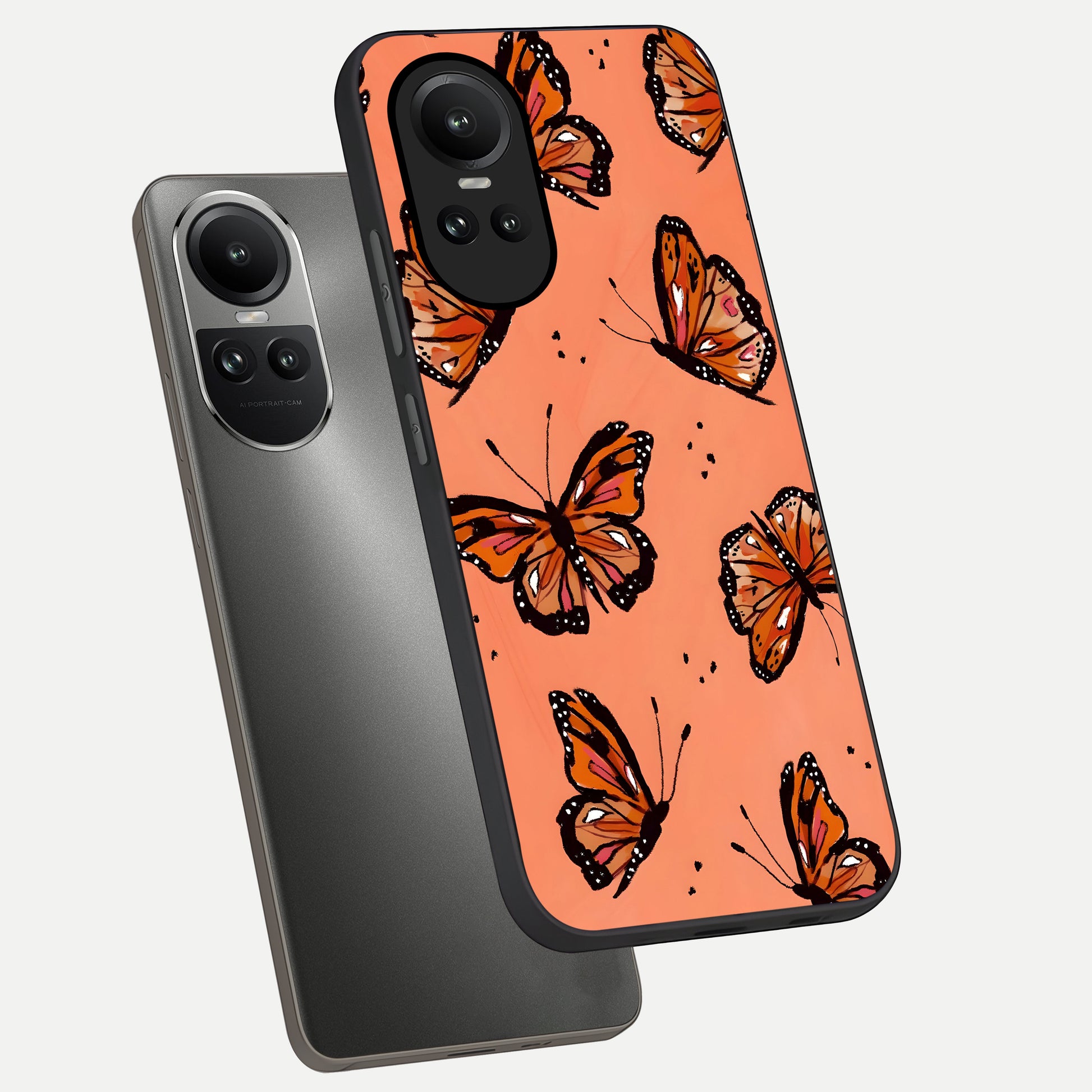  Coral Wing Butterfly phone case For Oppo Reno 10 showing premium glass back cover with detailed artwork