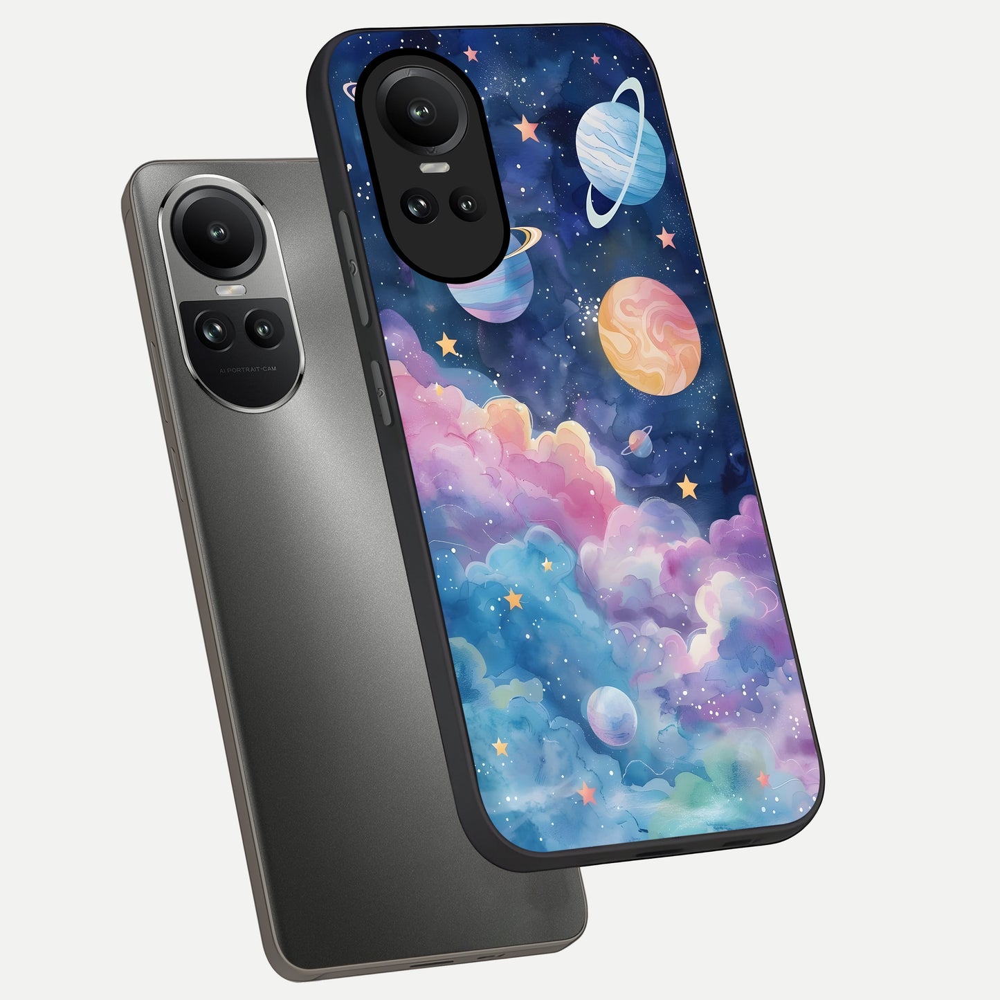  Cosmic Planet Dreams phone case For Oppo Reno 10 showing premium glass back cover with detailed artwork