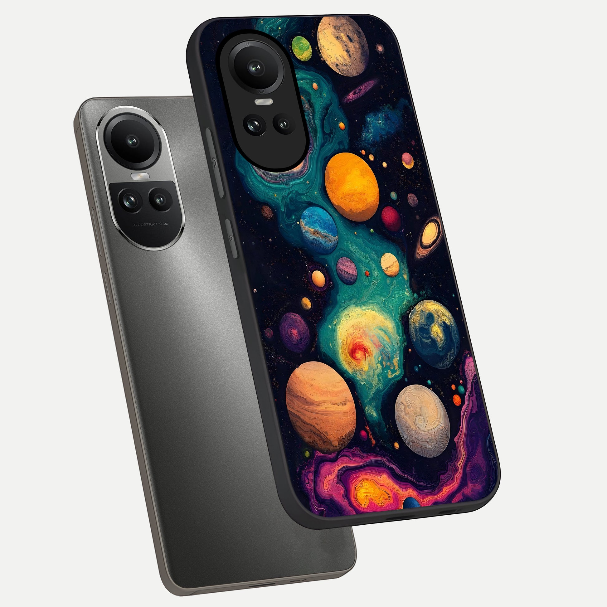  Cosmic Planet Journey phone case For Oppo Reno 10 showing premium glass back cover with detailed artwork