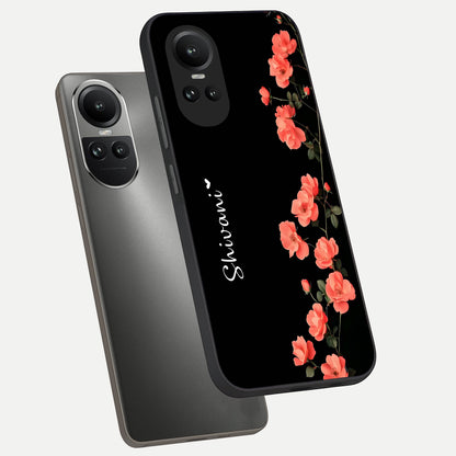  Crimson Bloom Grace Custom Name phone case For Oppo Reno 10 showing premium glass back cover with detailed artwork