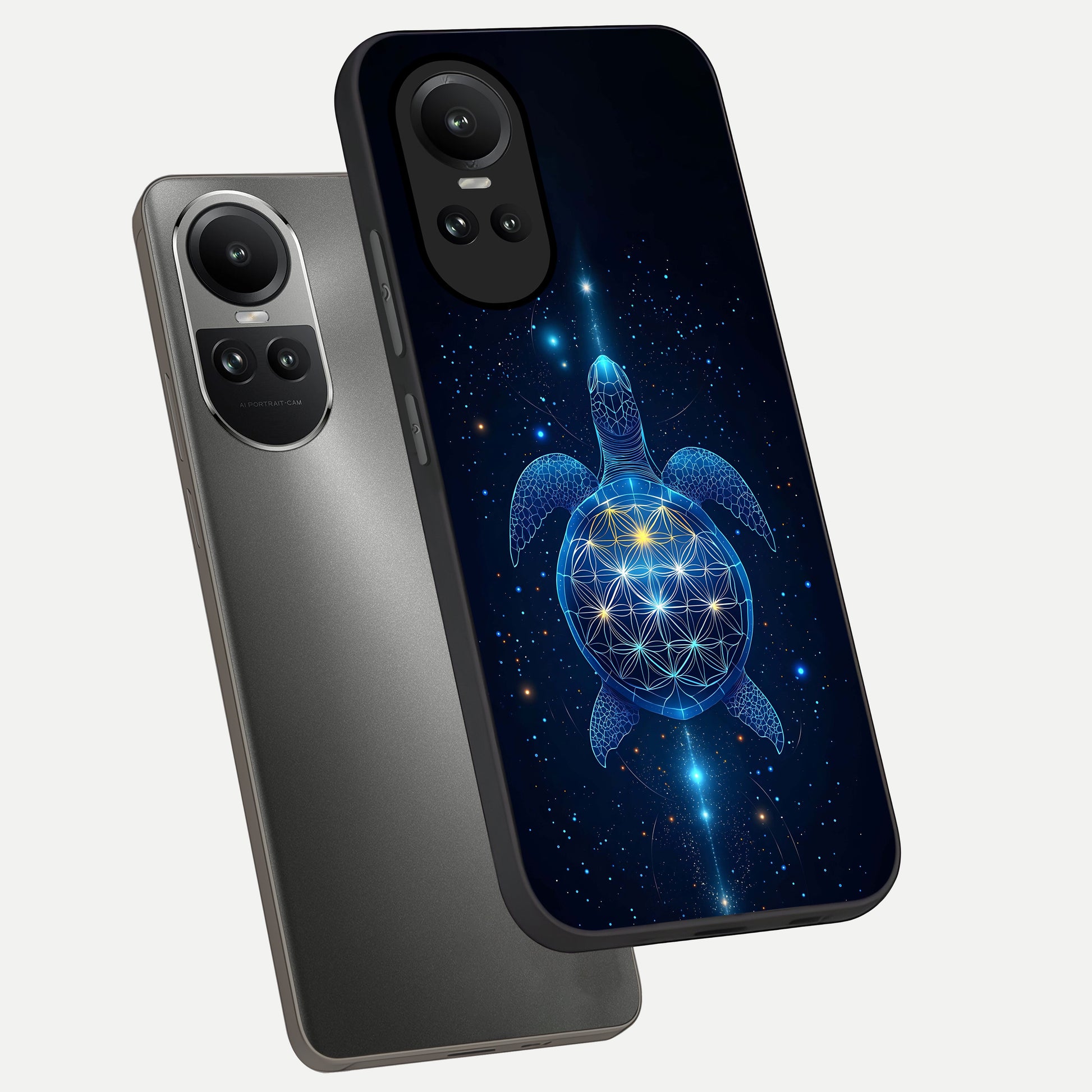  Crimson Blue Turtle phone case For Oppo Reno 10 showing premium glass back cover with detailed artwork