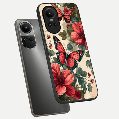  Crimson Butterfly Garden phone case For Oppo Reno 10 showing premium glass back cover with detailed artwork