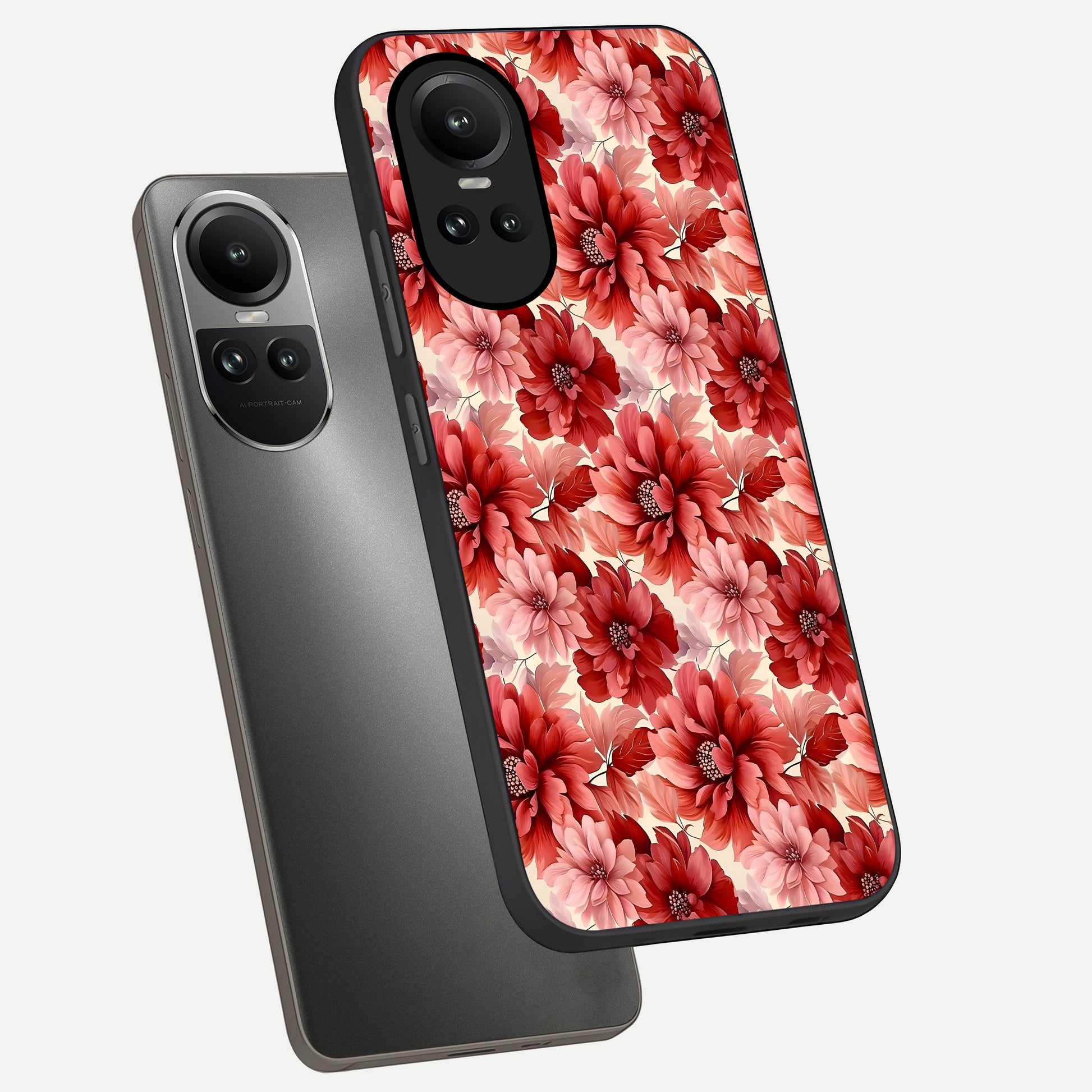  Crimson Love Petals phone case For Oppo Reno 10 showing premium glass back cover with detailed artwork