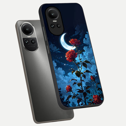  Crimson Rose Moon phone case For Oppo Reno 10 showing premium glass back cover with detailed artwork