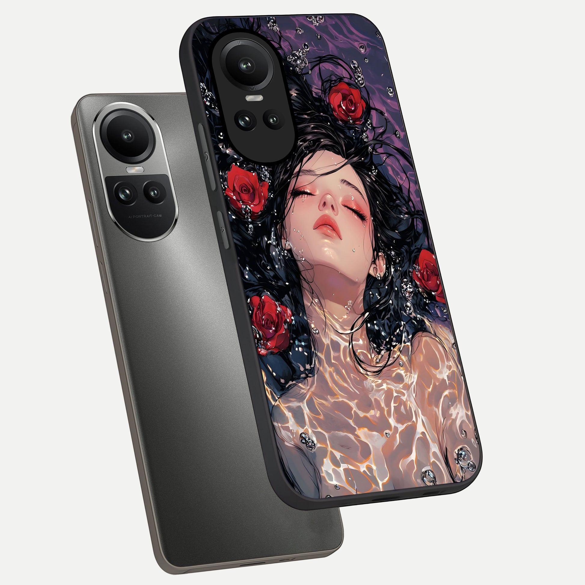  Crimson Rose Serenity phone case For Oppo Reno 10 showing premium glass back cover with detailed artwork