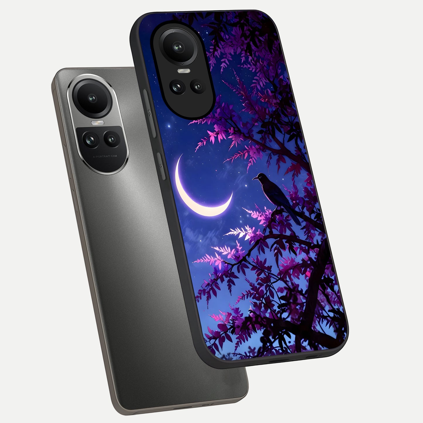  Crow And Moon Scenery phone case For Oppo Reno 10 showing premium glass back cover with detailed artwork
