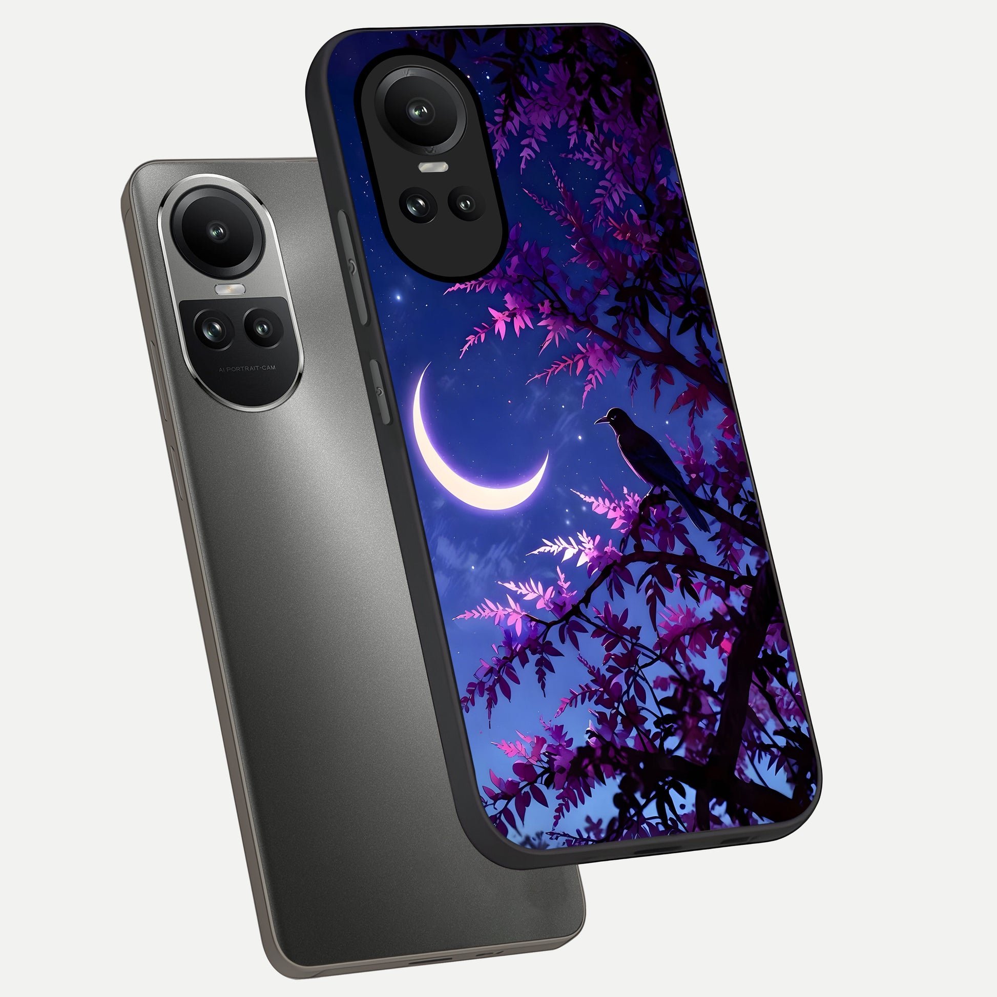  Crow And Moon Scenery phone case For Oppo Reno 10 showing premium glass back cover with detailed artwork