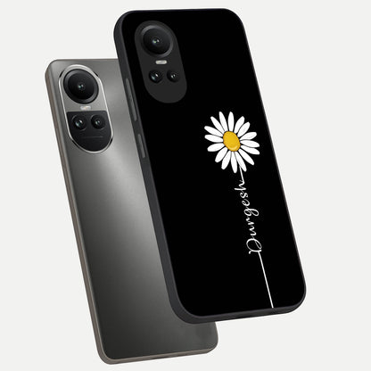  Custom Name White Flower phone case For Oppo Reno 10 showing premium glass back cover with detailed artwork